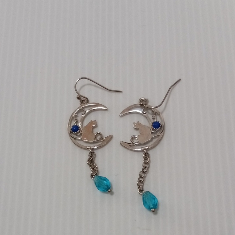 Silver Moon Cat Earrings with Blue Accents